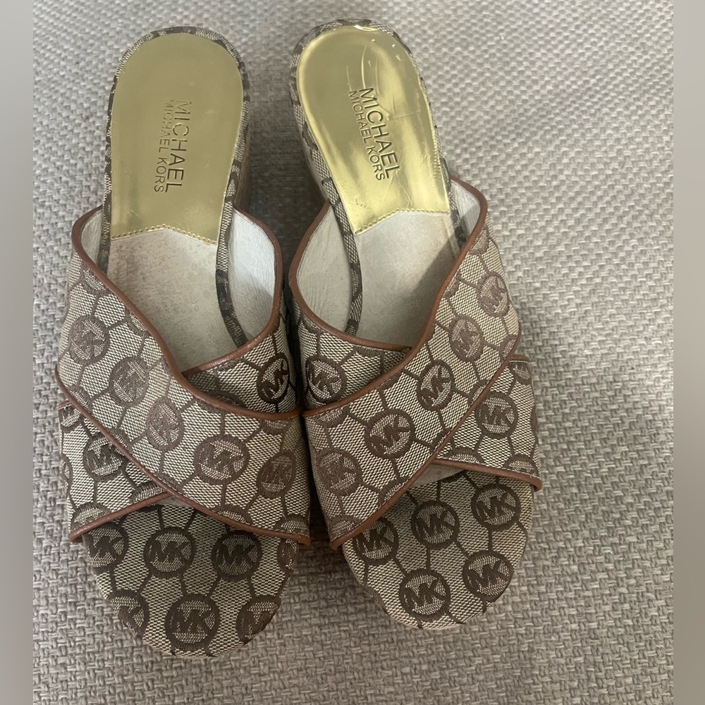 Michael Kors Tan and Brown Logo Mules